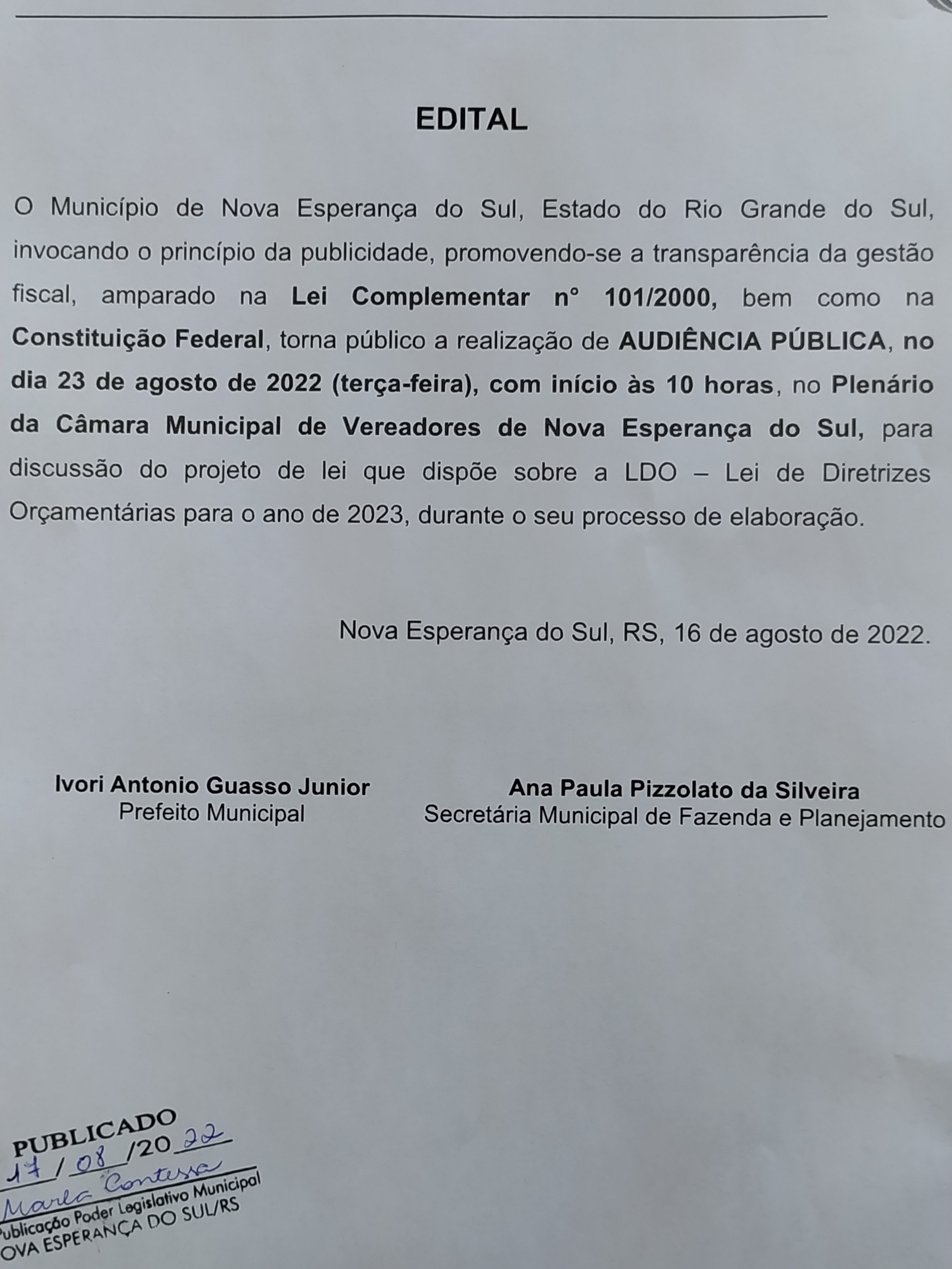 Audiência Pública -EDITAL DE CONVOCAÇÃO.